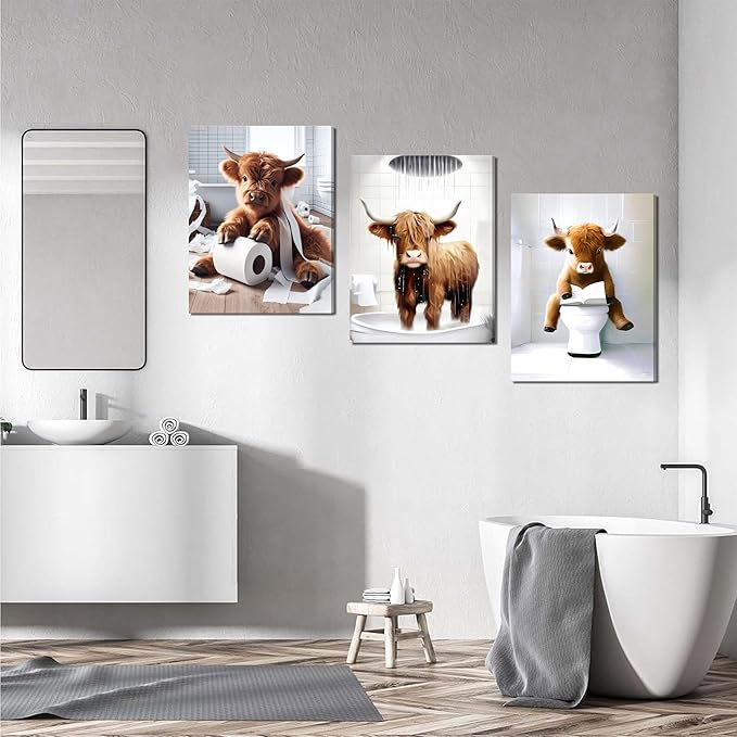 Funny Highland Cow Wall Art Set of 3, Rustic Farmhouse Bathroom Cow Pictures Wall Decor Painting, Brown Cute Cow Animal Canvas Posters Prints for Bathroom Restroom Home Decor Framed 12x16 Inch