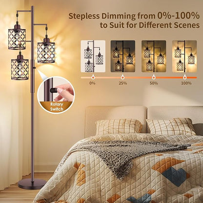 Dimmable Floor Lamp, Farmhouse Standing Lamp with Elegant Metal Cage, Industrial Tall Tree Floor Lamps for Living Room, Bedroom, Study Room, Office, 2000LM LED Bulbs Included - 68", Brown
