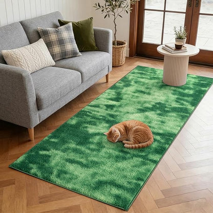 FinRèc 2x6 Washable Runner Rugs for Kitchen Hallway Bedroom, Low Pile Thin Ultra Soft Shag Rug, Non-Slip Carpet Indoor for Home Decor (Tie-dye Green)