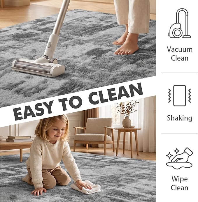 5x7 Ft Large Shag Rugs for Bedroom Living Room, Tie Dyed Ultra Soft Fluffy Furry Area Rug for Indoor Floor, Aesthetic Carpet for Home Decor (Grey)