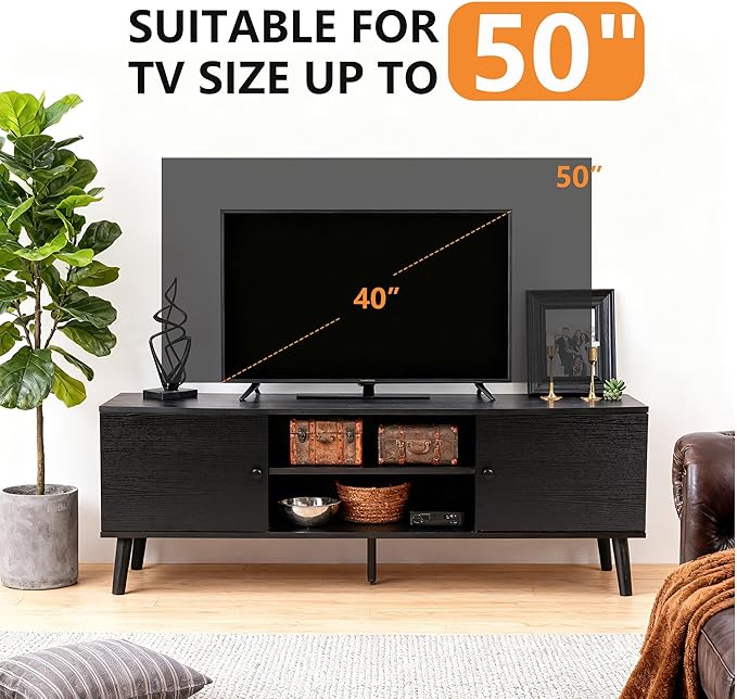 PayLessHere TV Stand for 55/60 Inch TVs,Modern Media Console with 2 Storage Cabinets and Open Shelves,Entertainment Center for Living Room, Bedroom,Black