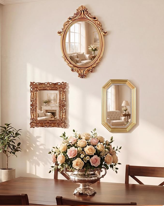 3 Styles Vintage Gold Mirror Set Wall Decorative, Vintage Wall Mirror Antique Hanging and Tabletop with Stand for Living Room Bedroom Dresser, Classic Home Wedding Decor(Court Baroque Style)