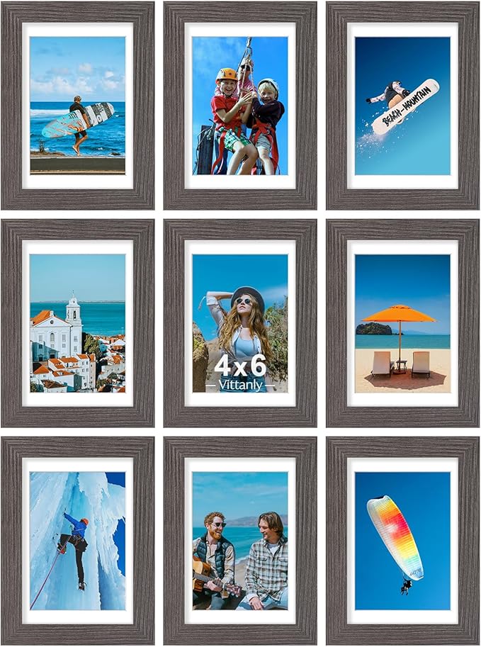 Vittanly 4x6 Picture Frames Set of 9, Display 3.5x5 Pictures with Mat or 4x6 without Mat, Photo Frames for Wall or Tabletop with Plexiglass, Engineered Wood, Dark Grey