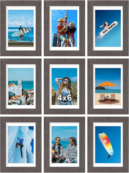 Vittanly 4x6 Picture Frames Set of 9, Display 3.5x5 Pictures with Mat or 4x6 without Mat, Photo Frames for Wall or Tabletop with Plexiglass, Engineered Wood, Dark Grey