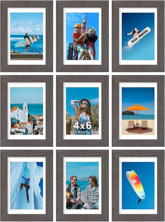Vittanly 4x6 Picture Frames Set of 9, Display 3.5x5 Pictures with Mat or 4x6 without Mat, Photo Frames for Wall or Tabletop with Plexiglass, Engineered Wood, Dark Grey