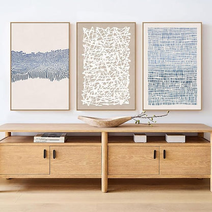 SAFERRYHOME Blue Neutral Contrast Abstract Boho Wall Art Framed Canvas Print Set, Mid Century Modern Minimalist Lines Geometric Pattern for Living Room, Bedroom, Office - 3 Panels 16x24 Inch