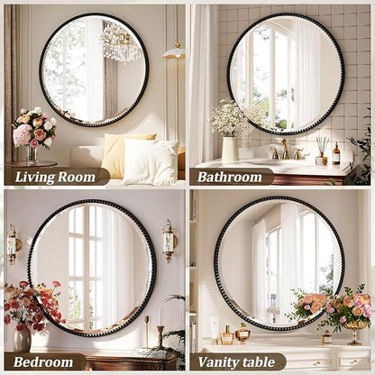 24 Inch Round Bathroom Mirror - Luxurious Retro Beaded Circle Decorative Wall Mirror with PU Frame Hanging Leaning as Art Decor for Entryway, Bedroom, Living Room, Hallway, Black