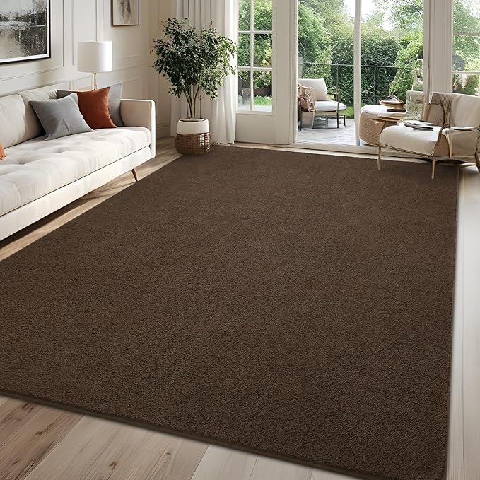 Fluffy 7x10 Feet Area Rug for Living Room, Large Dark Brown Rugs for Bedroom, Modern Low Pile Washable Memory Foam Indoor Carpet, Non Slip Rectangle Carpets for Home Decor