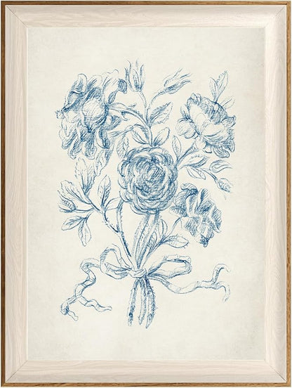 ASTRDECOR Framed Vintage Wall Art for Bathroom, Botanical Blue Wall Art for Home Decor Aesthetic, Victorian Blue Rose Bouquet Sketch Painting Floral Canvas Art Prints, Antique Flower Pictures for Living Room - 12''x16''