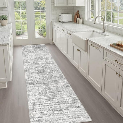 Runner Rug Non-Slip Kitchen Rug: 3x10 Washable Abstract Modern Soft Stain Resistant Indoor Floor Neutral Accent Throw Carpet for Hallway Bathroom Laundry Room Bedroom Entryway- Grey