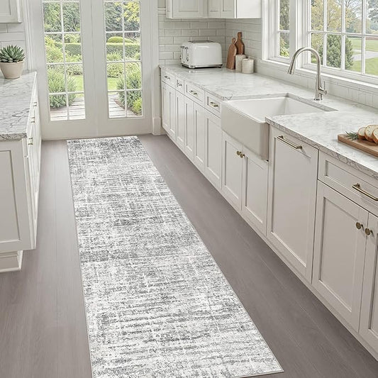 Runner Rug Non-Slip Kitchen Rug: 3x10 Washable Abstract Modern Soft Stain Resistant Indoor Floor Neutral Accent Throw Carpet for Hallway Bathroom Laundry Room Bedroom Entryway- Grey