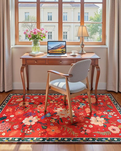 Macgace 3x5 Floral Rug for Girls Bedroom, Machine Washable Area Rugs with Non Slip Backingfor Living Room, Cute Flowers Carpet Kitchen Dining Room Kids Playroom Decor, Christmas Red