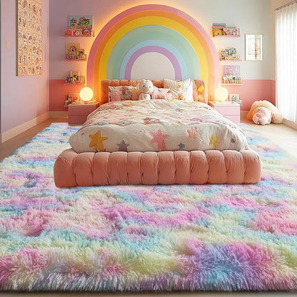 qulint 9x12 Area Rug for Bedroom, Large Soft Shaggy Rugs for Living Room, Fluffy Plush Rainbow Rug, Modern Colorful Carpet for Nursery Kids Room Dorm Home Decor Aesthetic (9ft x 12ft, Rainbow)