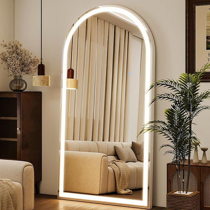 Arched LED Mirror Full Length - 30" x 71" Large Arch Floor Full Body Mirror with 3 Color Lights Brightness Adjustable, Standing Leaning for Bedroom, Dressing Room, Cloakroom, White