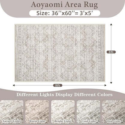 Area Rug 3x5 Geometric Rug: Washable Boho Moroccan Rugs Soft Farmhouse Rug, Modern Neutral Stain Resistant Indoor Floor Carpet for Livingroom Bedroom Dining Table Nursery(Ivory Mocha,3'x5')