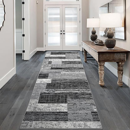 FlyDOIT Modern Geometric Patchwork Area Rug, 2.7x8 Grey Runner Rugs for Living Room, Rockwood Collection Indoor Rugs for Bedroom, Throw Carpet Floor Decor for Entryway Dining Room Office Nursery