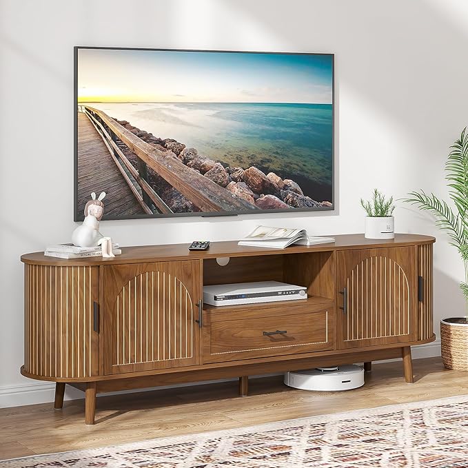 Mxtxmy 70" Fluted TV Stand for Tvs up to 80", Mid-Century Modern Entertainment Center with Drawers and Fluted Doors, Curved TV Media Console Table with Sliding Doors for Living Room, Bedroom (70")