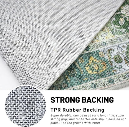 KUTA 3x5 Rugs for Entryway, Vintage Floral Area Rug Washable Non-Slip Green Ultra Thin Soft Printed Distressed Entry Low-Pile Throw Carpet for Bedroom Nursery Living Room