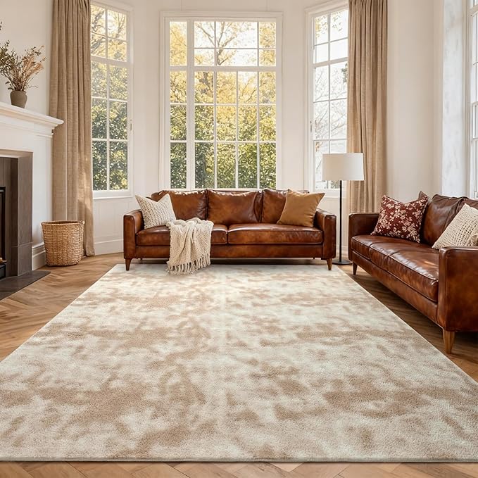 FinRèc 7x10 Washable Area Rugs for Bedroom Living Room, Low Pile Thin Ultra Soft Shag Rug, Non-Slip Carpet Indoor for Home Decor (Tie-dye Light Tan)