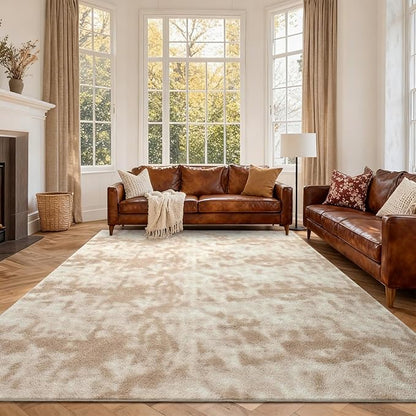 FinRèc 7x10 Washable Area Rugs for Bedroom Living Room, Low Pile Thin Ultra Soft Shag Rug, Non-Slip Carpet Indoor for Home Decor (Tie-dye Light Tan)