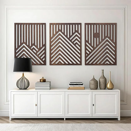 qmmp Modern Wooden Wall Sculptures - Set of 3 - Home Decor Accent - Large Wall Art for Living Room, Bedroom, Office - Easy Installation (Walnut, XXLarge - Mountain and Sun)