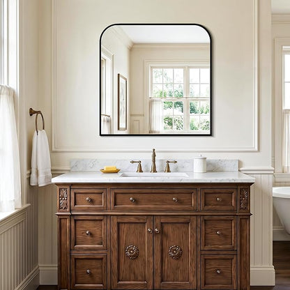 Bathroom Vanity Mirror for Wall, 30" x 30" Black Metal Framed Bathroom Mirror for Over Sink, Living Room, Bedroom, Entryway, Mantel, Fireplace Decor