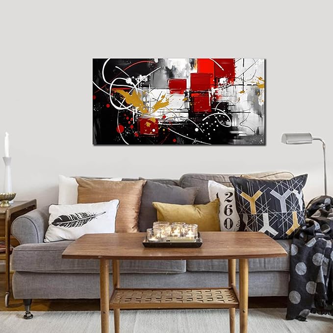 ANCXWOTER Abstract Wall Art for Living Room Black Canvas Wall Art Modern Grey Red Line Artwork for Bedroom Office Home Decor Canvas Prints 20x40 Inch