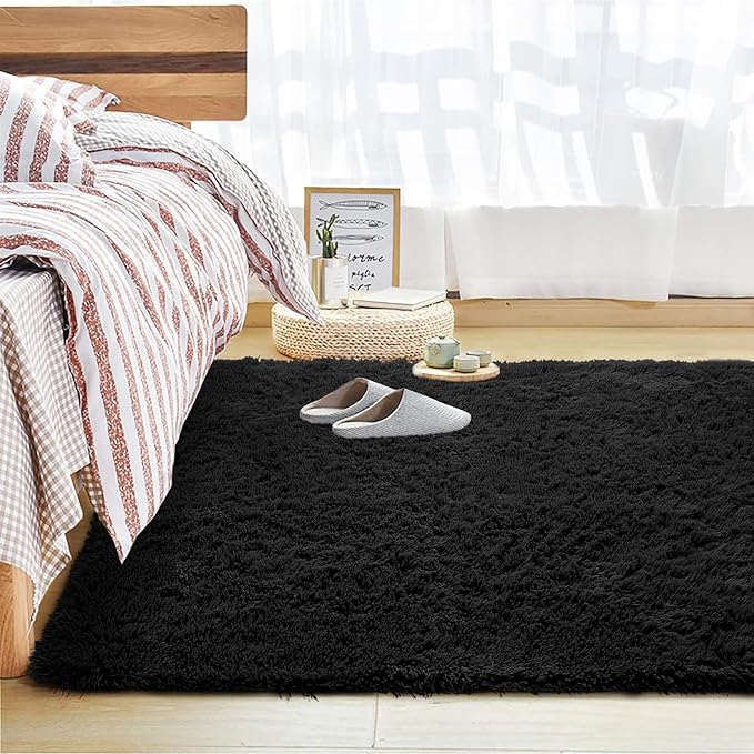 Andecor Soft Fluffy Bedroom Rugs, 5 x 8 Feet Indoor Shaggy Plush Area Rug for Boys Girls Kids Baby College Dorm Living Room Home Decor Floor Carpet, Black