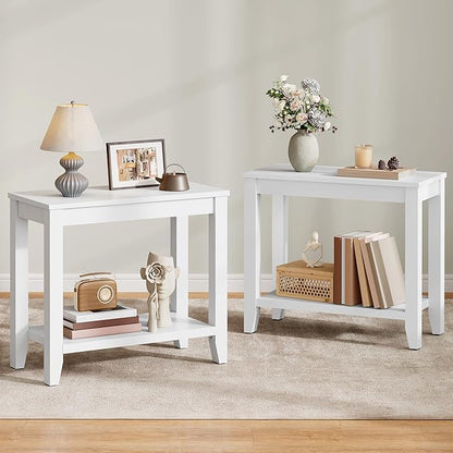 Hoctieon End Table with Double Storage Shelves, Sturdy Wooden Side Table for Living Room, Bedroom, Modern Nightstand Sofa Table for Small Spaces, White