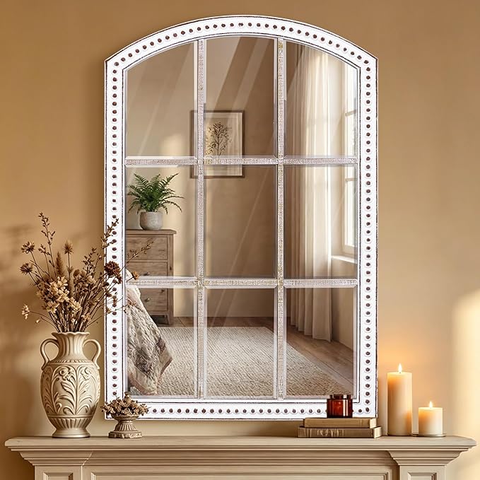 HOITUZYUS 36x24 Inch Arched Windowpane Wall Mirror Farmhouse Style, Rustic Decorative Mirrors for Living Room, Bedroom, Entryway, Hallway, Bathroom