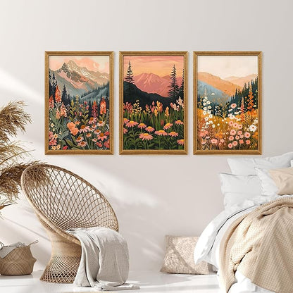 ICHZUMW Framed Boho Abstract Landscape Mountain and Floral Canvas Wall Art Set of 3, Colorful Nature Botanical Paintings Artwork, Large Wildflower Wall Decor for Living Room Bedroom Office, 16x24in