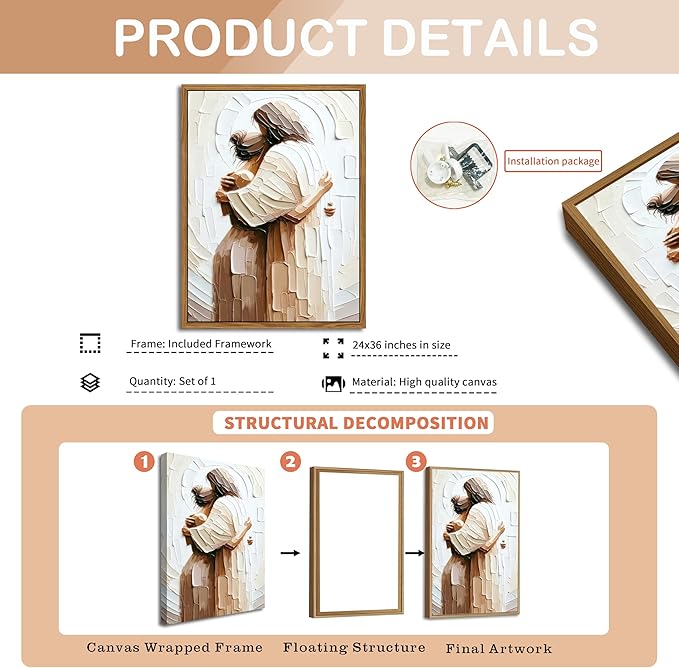 AKWISH Floating Frame Jesus Embracing Woman Canvas Wall Art, Safe in His Arms Pictures Canvas Print Posters Wall Decor, Christian Wall Art Home Decor for Living & Prayer Room 24x36 inch