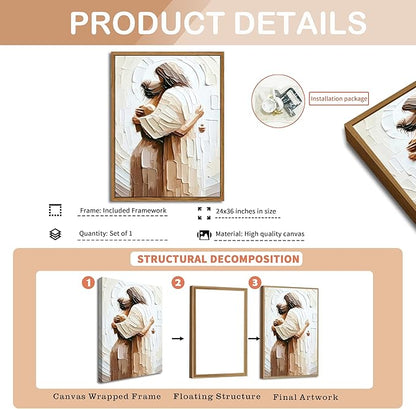AKWISH Floating Frame Jesus Embracing Woman Canvas Wall Art, Safe in His Arms Pictures Canvas Print Posters Wall Decor, Christian Wall Art Home Decor for Living & Prayer Room 24x36 inch