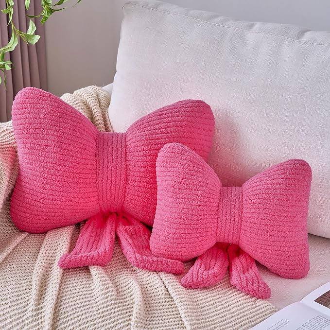 Bow Pillow, Decorative Throw Pillows with Soft Plush, Bow Throw Pillow for Couch Bed, Home Decor Bow Shaped Pillow for Bedroom Living Room (Hot Pink, 12 Inches)