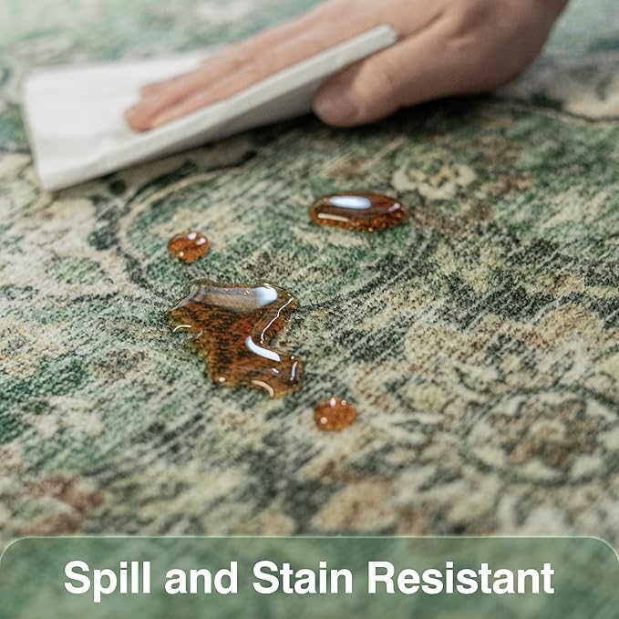 FMFUNCTEX 5x7 Green Washable Area Rug Vintage Distressed Oriental Non Slip Low Pile Neutral Indoor Carpet for Living Room Bedroom Soft Retro Floral Thin Large Rug for Dining Nursery Office Dorm