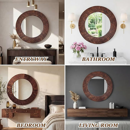 Vercraft 30" Round Wood Wall Mirror - Grooved Decorative Mirror for Entryway, Living Room Bathroom, Bedroom, Hallway