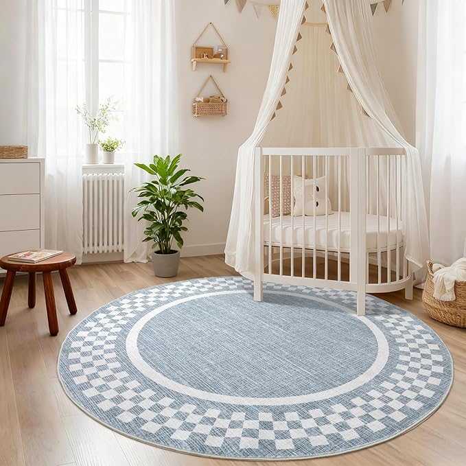 4ft Washable Round Rug for Entryway Modern Checkered Bedroom Circle Rug Non Slip Soft Dining Room Round Throw Carpet Small Stain Resistant Border Round Rugs for Living Room Kitchen Bathroom, Blue