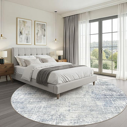 7ft Round Rug Living Room: 7x7 Washable Large Neutral Blue Circle Area Rug Abstract Soft Modern Stain Resistant Indoor Floor Non-Slip Carpet for Bedroom Nursery Kids Office Playroom Dining Room