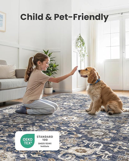 AMADA HOMEFURNISHING 10x14 Washable Area Rug, Low-Profile Large Area Rug with Non-Slip Backing & Durable Edge Binding, Vintage Large Rugs for Living Room, Bedroom & Dining Room