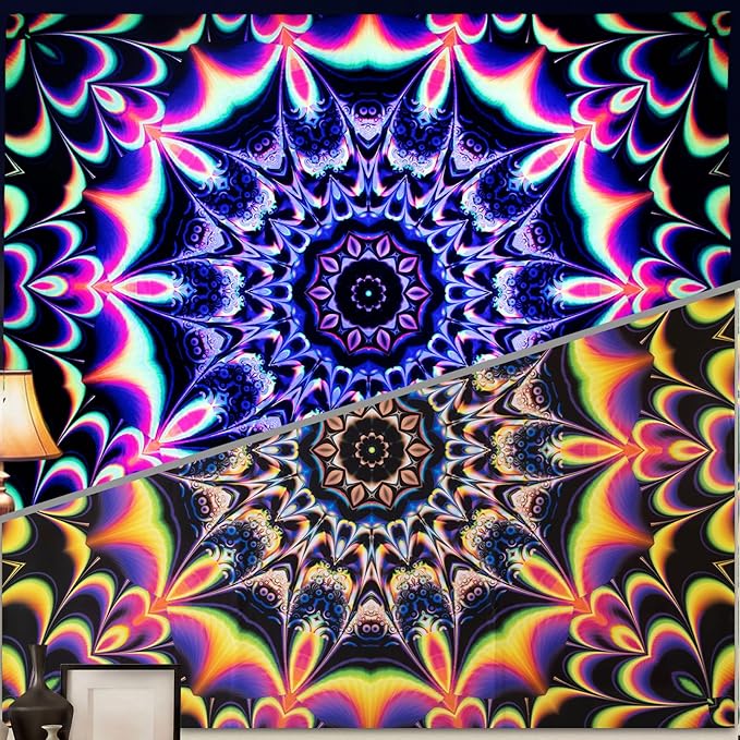 PRRPRR Blacklight Mandala Tapestry for Bedroom, UV Reactive Trippy Wall Tapestry, Bohemian Aesthetic Wall Art Decor for Adults Teens (Mandala Red, 78"x59")