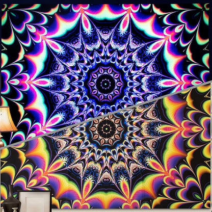 PRRPRR Blacklight Trippy Mandala Tapestry - UV Reactive Glow in the Dark Wall Hanging, Neon Psychedelic Boho Posters for Bedroom, Aesthetic Dorm Room Decor, Party Backdrop (59"x51")