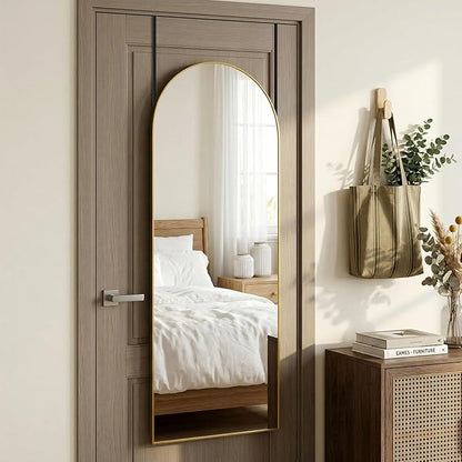 58"x20" Arched Full Length Door Mirror, Over-the-Door Hanging, Floor Standing, Wall Mounted or Leaning, Metal Frame Body Mirror for Bedroom, Living Room, Closet, Dorm, Gold