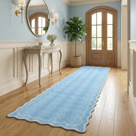GarveeHome 2.5x8 Scalloped Washable Runner Rug for Kitchen, Soft Blue Long Hallway Runner Non Slip Entryway Rug Farmhouse Thin Laundry Mat Stain Resistant Carpet for Bathroom Beside Rug