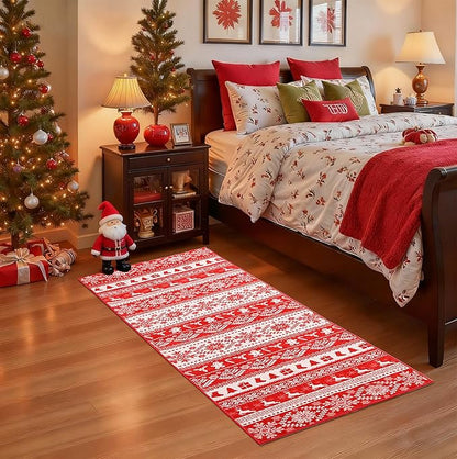 2x6 Hallway Runner Rug, Washable Non Slip Snowflake Print Design, Entryway Vintage Soft Kitchen Laundry Runner Rugs, Indoor Farmhouse Home Decor Carpet for Living Room Bedroom Dining Room, Red