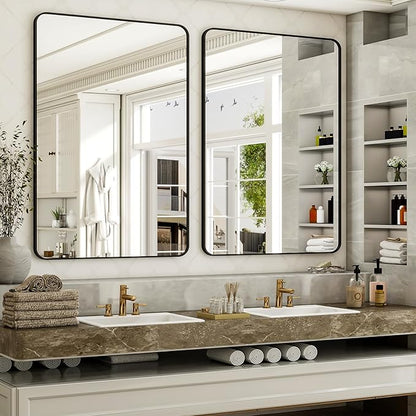 Easly 30 x 48 Inch Bathroom Mirror, Rounded Rectangular Vanity Mirror for Wall, Modern Mirror for Room Decor, Black Framed Wall-Mounted Mirrors for Home Decor, Hangs Horizontally or Vertically