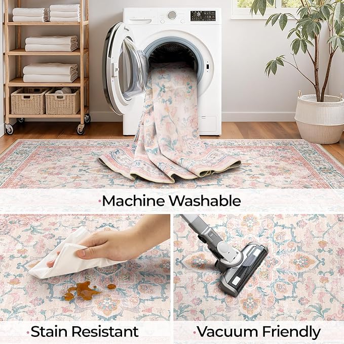 CAPALOCA Machine Washable Rugs Nursery Rug 2x3 Cute Girl Non Slip Low Pile Water Repellent Soft Print Pattern for Bedroom Indoor Decor Kids Playroom Pink Teal