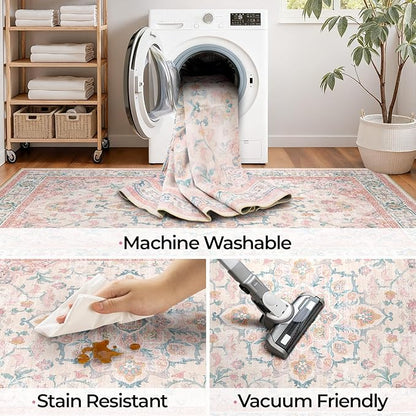 CAPALOCA Machine Washable Rugs Nursery Rug 5x7 Cute Girl Non Slip Low Pile Water Repellent Soft Print Pattern for Bedroom Indoor Decor Kids Playroom Pink Teal