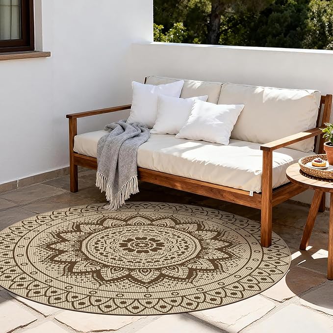 Easy Jute Outdoor Round Rug, 6ft Washable Indoor Outdoor Patio Rug, Brown Non Slip Round Area Rug Farmhouse, Boho Carpet for Backyard Patio