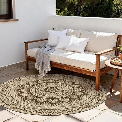 Easy Jute Outdoor Round Rug, 6ft Washable Indoor Outdoor Patio Rug, Brown Non Slip Round Area Rug Farmhouse, Boho Carpet for Backyard Patio