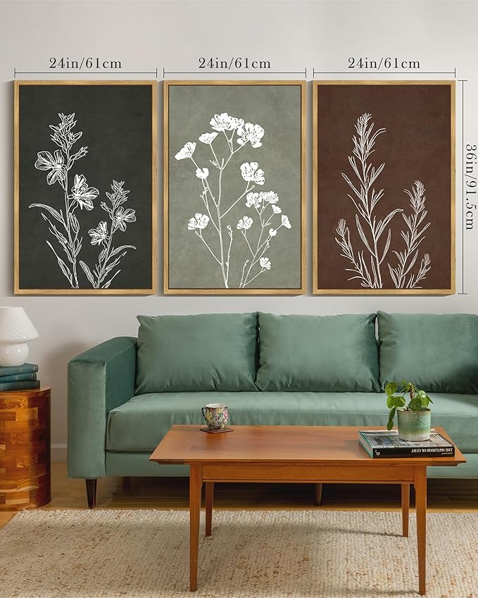 Drsoum Vintage Botanical Flower Boho Framed Wall Art Retro Floral Prints Wildflower Bohemain Neutral Rustic Artwork Kitchen Bedroom Ready to Hang 24x36in Natural Framed